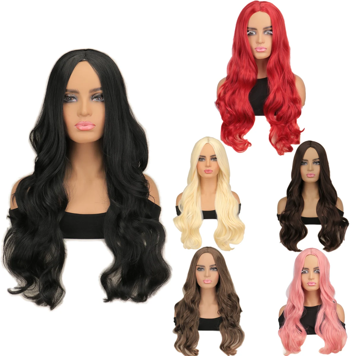 WHIMSICAL W Fashion Long Wavy Wig Cosplay Black Red Pink Blonde Light Brown Heat Resistant Synthetic Hair Wigs For Women