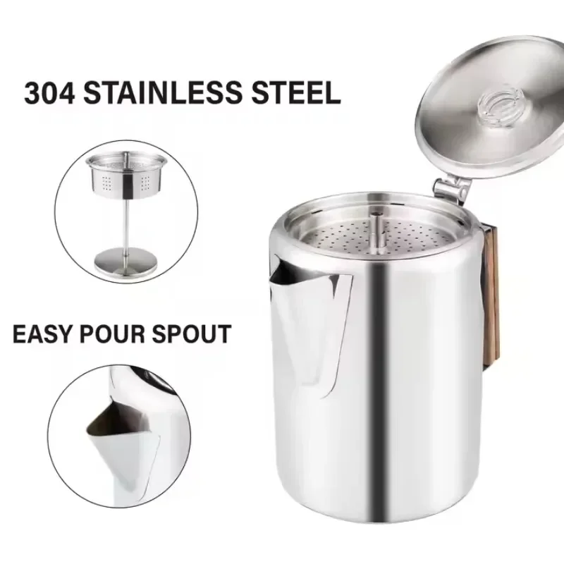 Stainless Steel Coffee Percolator Comfort Grip Wooden Handle Coffee Maker Portable Camping Home Stovetop Coffee Pot Easy Pouring