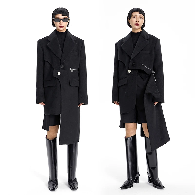 

Bla Woolen Coat Women's Thiened Zipper Asymmetrical Design Faionable And Sli Mid-Length Single-Button Closure