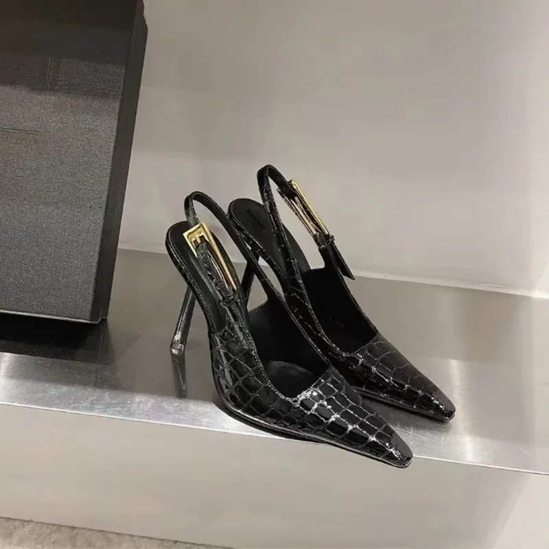 

Elegant Socialite,Black Patent Leather,Metal Buckle,Women's Shoes with Small Square Toe,Slim Heel,and Wrapped Toe Sandals