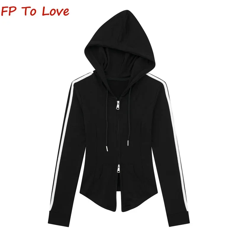 Y2K Colorblocking Drawstring Long Sleeve Hooded Jacket Slim Hundred American Retro Short Sports Sweatshirt Women