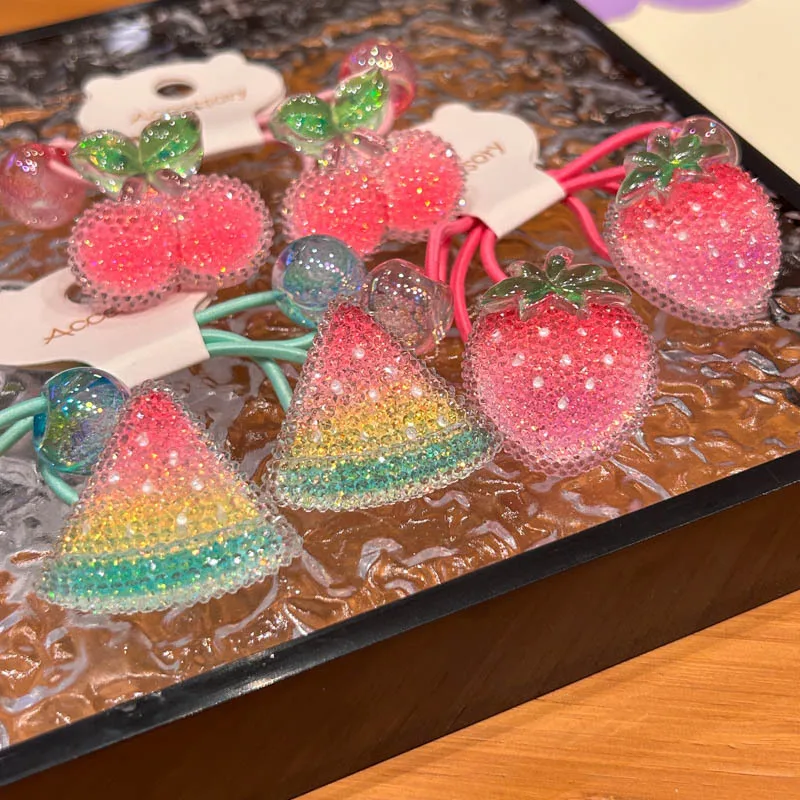 愛らしい子供用チェリーヘアタイ、大きなシュガーダイヤモンド、ストロベリー、スイカの編み込みゴムバンド（女の子用）