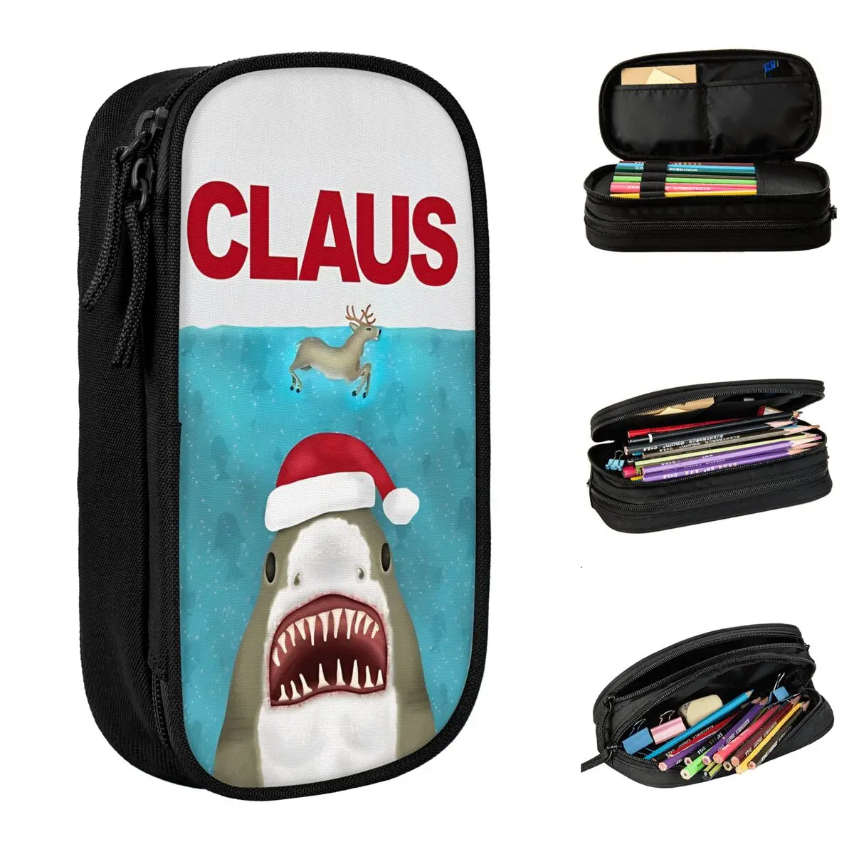 Funny Christmas Santa Claus Shark Reindeer Pencil Cases Pencilcases Pen Holder for Student Large Bag Students School Gifts