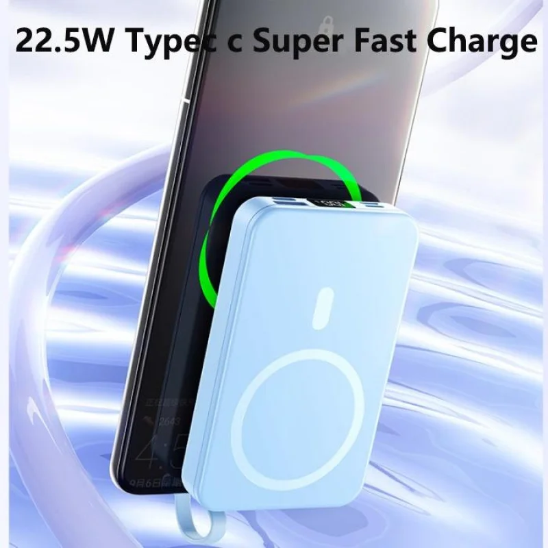 20000mAh Magnetic power Bank: Foldable bracket, wireless charging, built-in cable.Portable mini design for on-the-go.