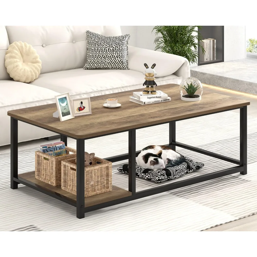 Modern Rustic Oak Wood and Metal Coffee Table with Storage Shelf, 47 Inch for Living Room