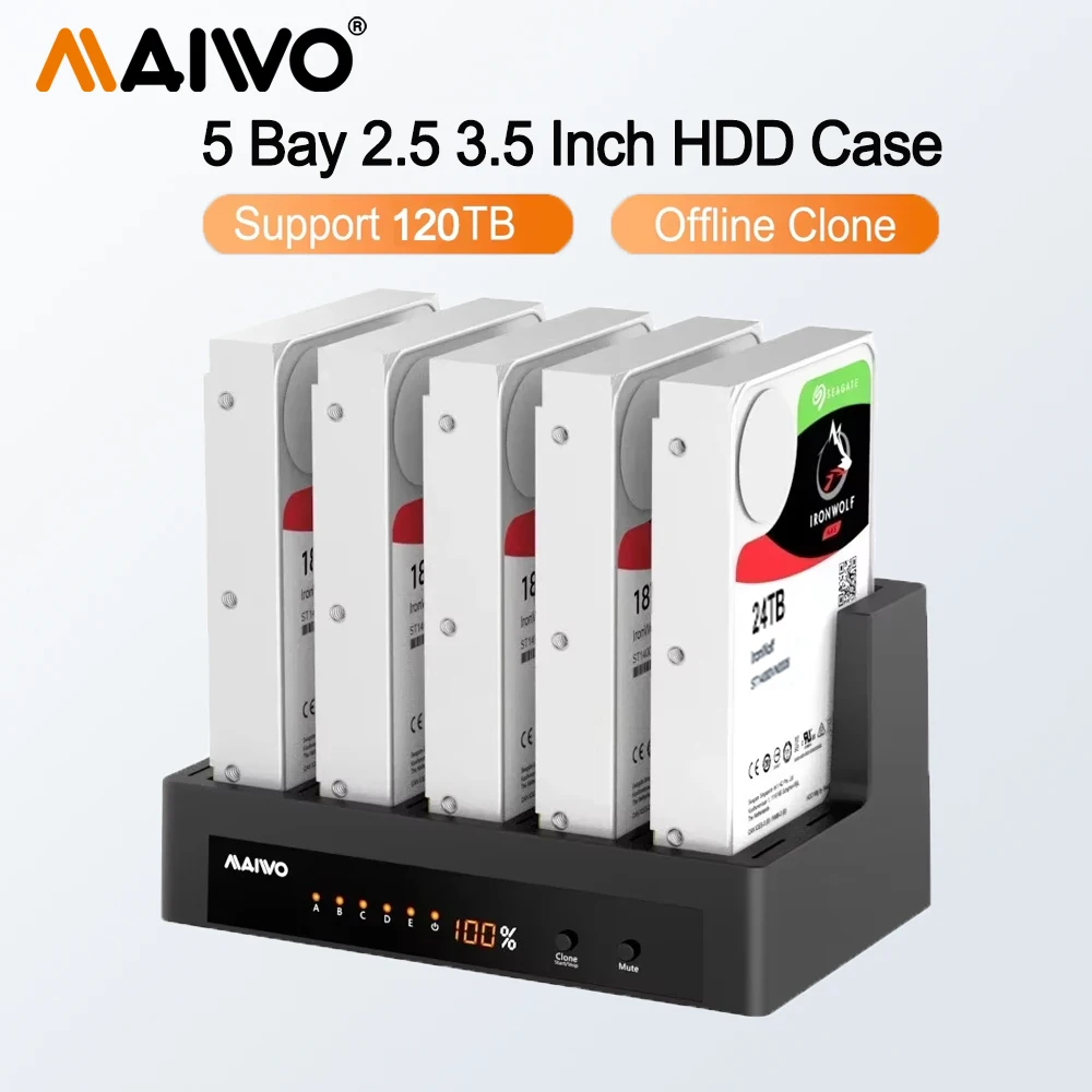 

5-ячеечная док-станция для внешнего жесткого диска MAIWO USB 3.0, док-станция для жесткого диска 2,5/3,5 дюйма SATA SSD с автономным клонированным светодиодным цифровым дисплеем