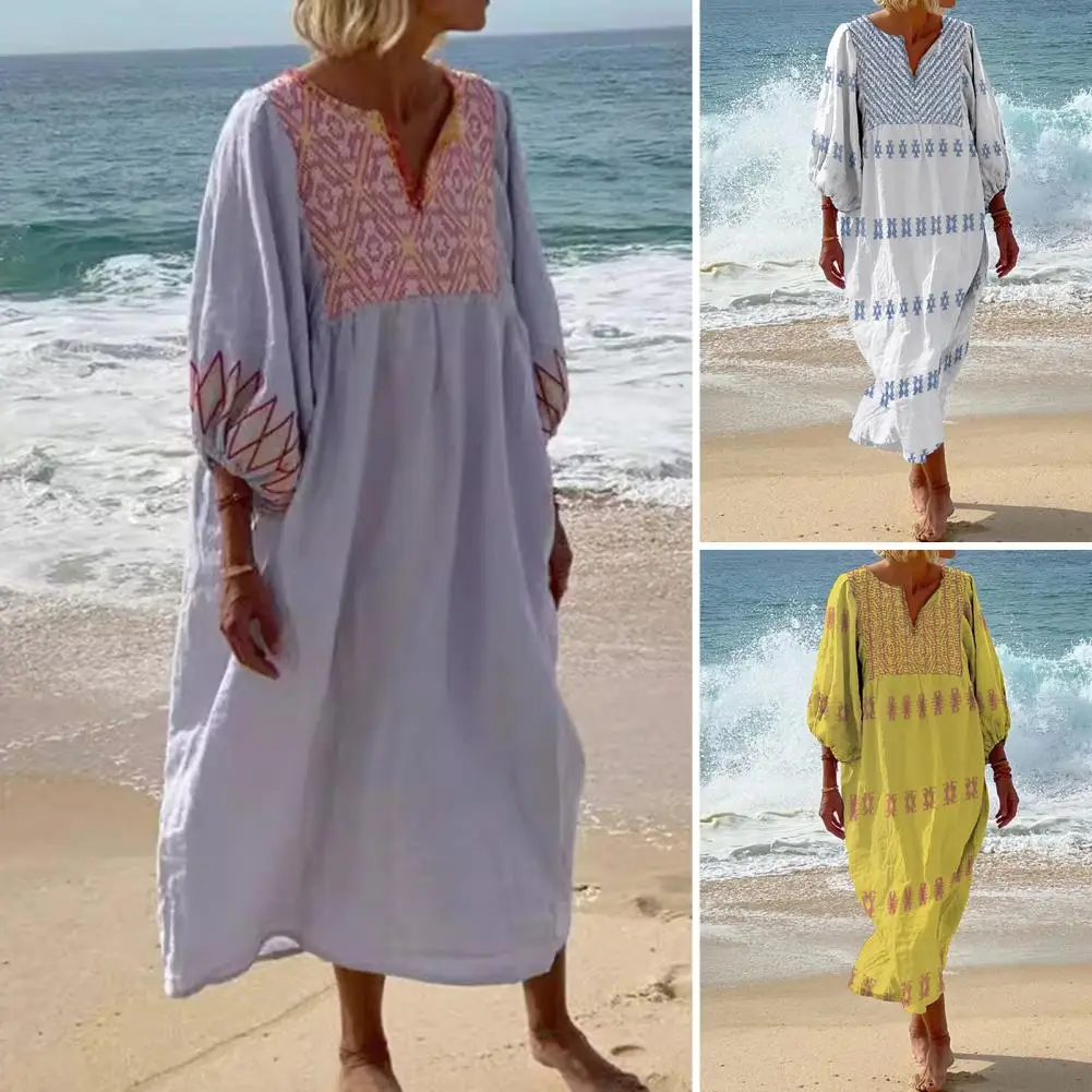 Life Dress Bohemian Style Printed Midi Dress with Three Quarter Sleeves V Neck Summer Lady Dress Loose Fit Mid-calf Length Beach