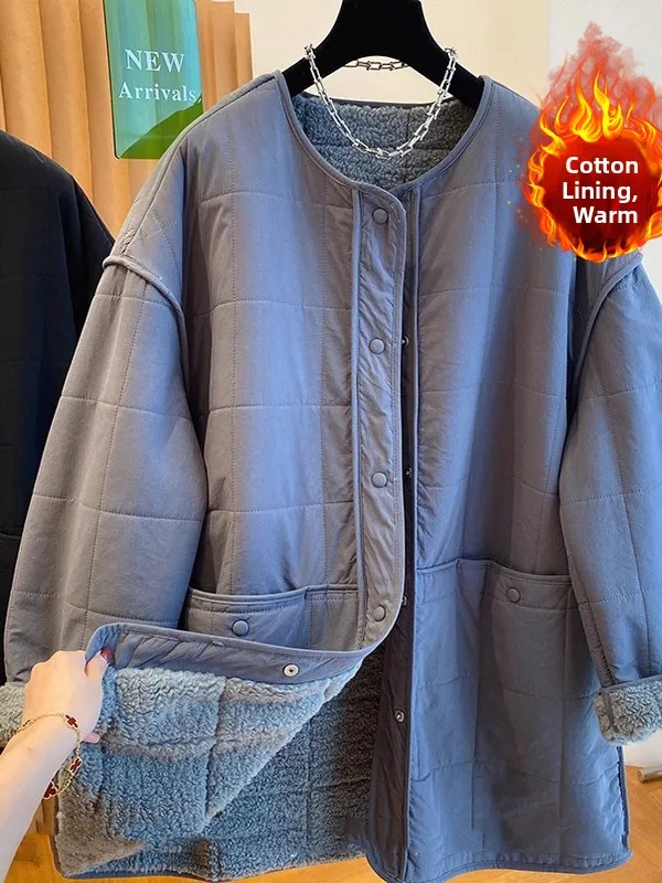 سترة قطنية مبطنة بفرو الضأن مقاس كبير للنساء شتوية متوسطة الطول كبيرة الحجم Fce سترة مفتوحة دافئة غير رسمية طويلة Sve #3