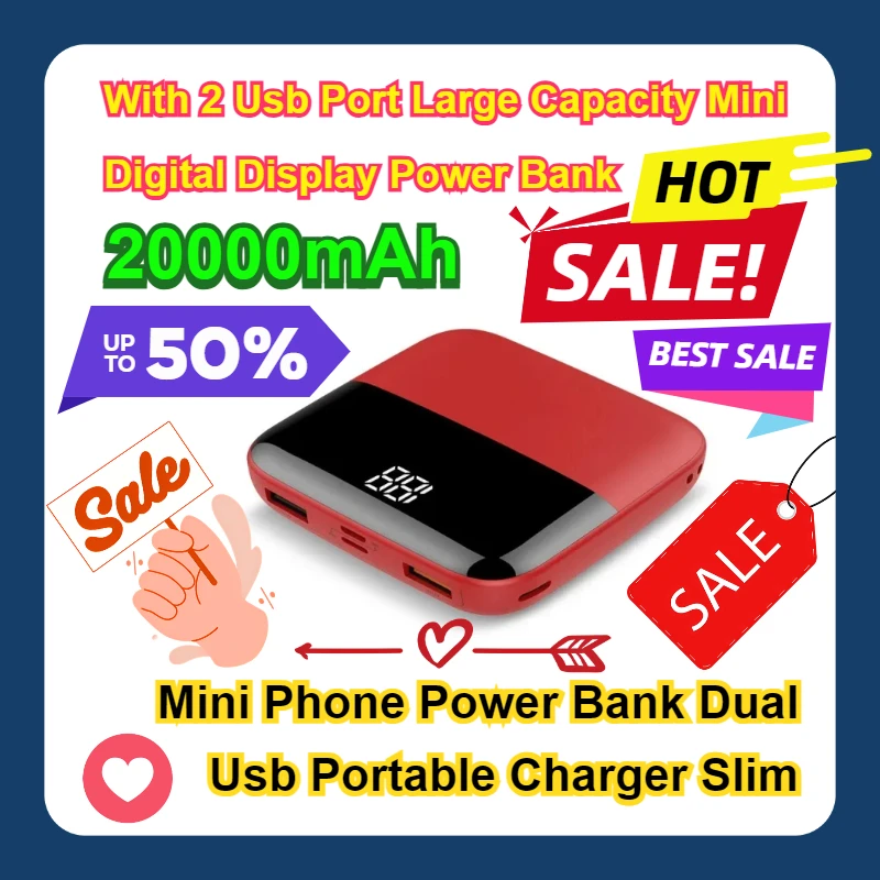 

With 2 Usb Port Large Capacity Mini Digital Display Power Bank 20000mAh Mini Phone Power Bank Dual Usb Portable Charger Slim