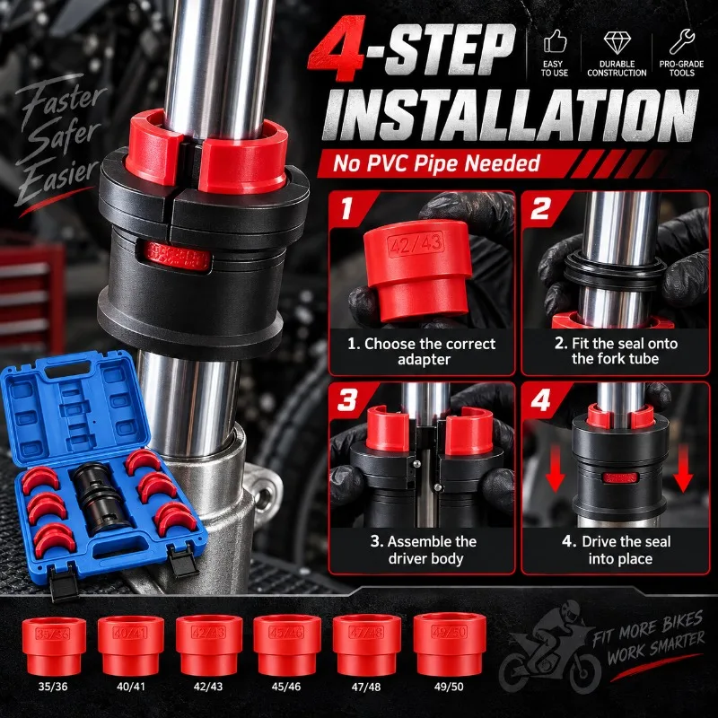 Universal Motorcycle Fork Seal Driver Kit 14Pc 35-50mm Oil Seal Installation Tool Set with 6 Size Adapters and Carry Case