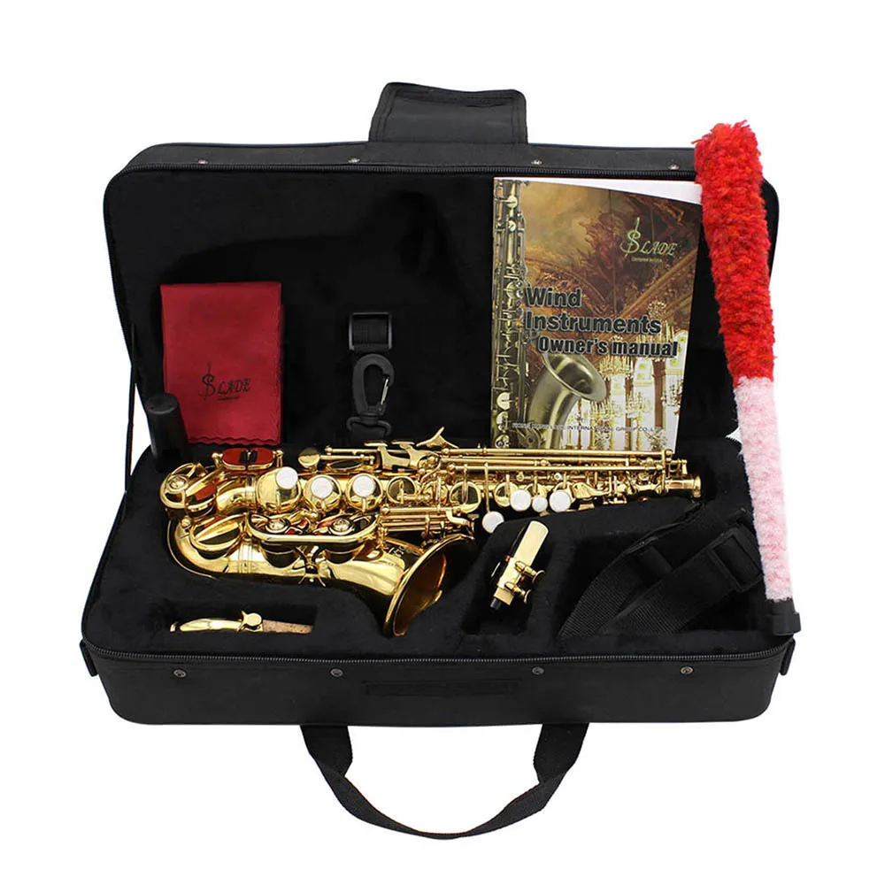 Soprano Saxophone Brass Golden Carve Pattern Sax Pearl White Shell Buttons Mouthpiece Reeds Neck Wind Instrument Accessories