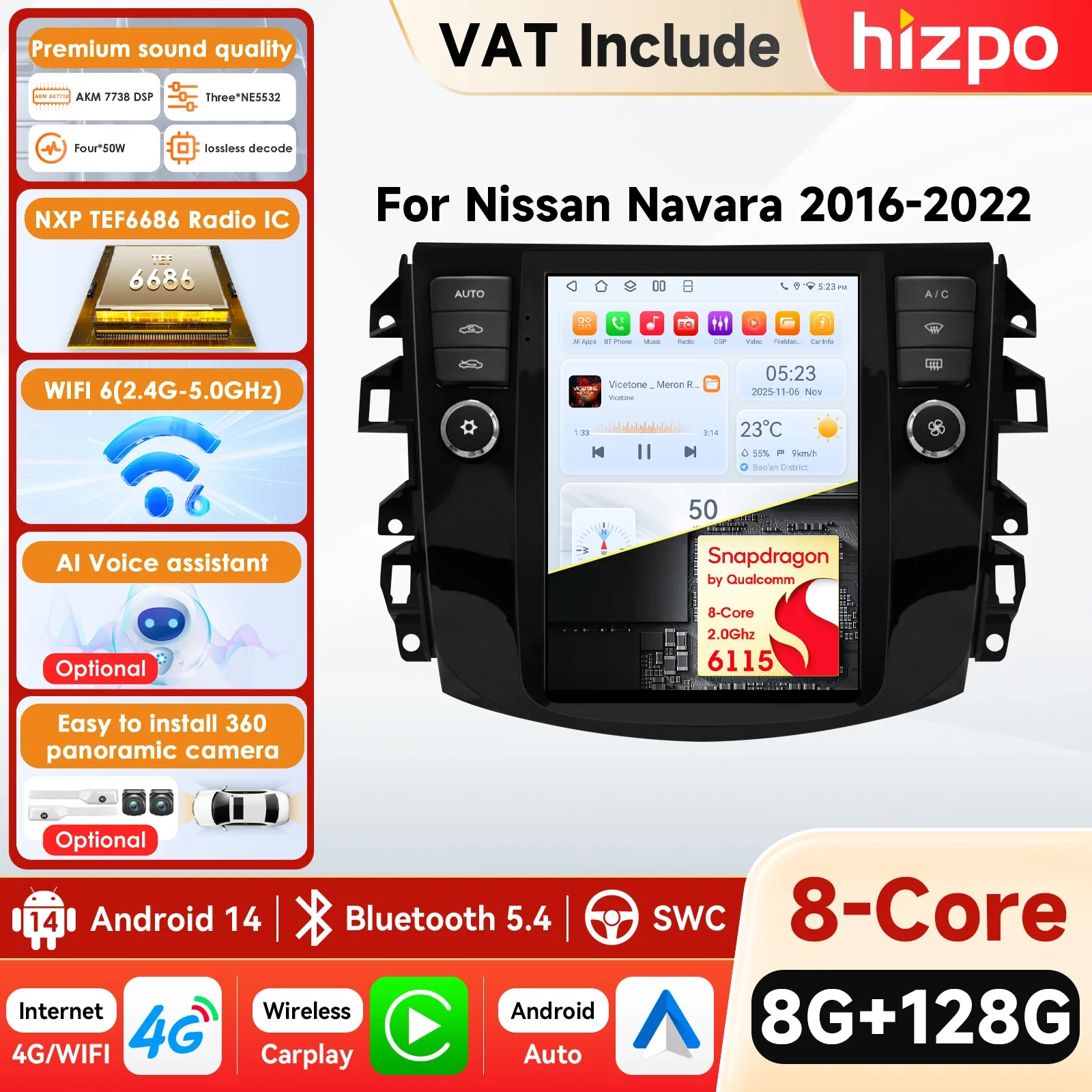 Hizpo 9,7 Zoll Carplay 4G 6115 Systeme Android Autoradio für Nissan Navara 2016-2022 NP300 Multimedia-Videoplayer GPS Autoradio 9,7 Zoll im Tesla-Stil Intelligenter Bildschirm QLED-Display Automotive
