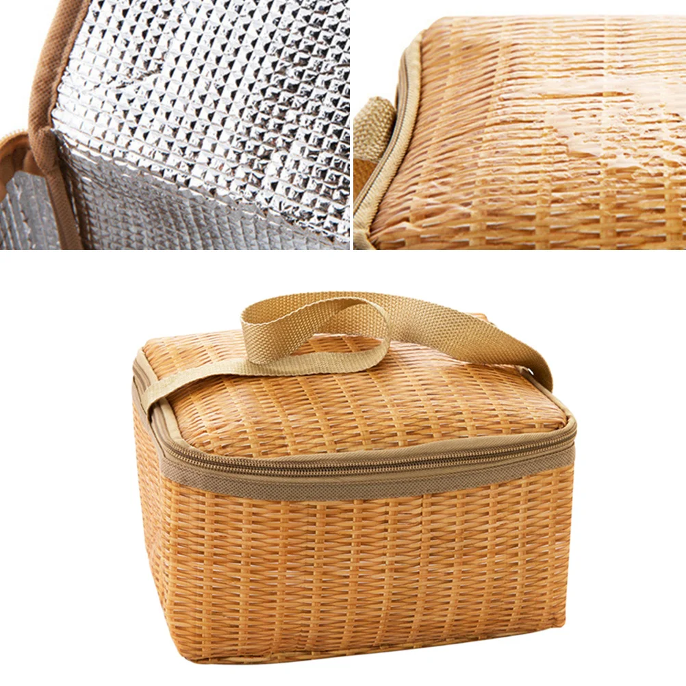 

Imitation Rattan Lunch Bag Insulated Waterproof Portable Thermal Storage Lightweight Bag for Office Party Picnic Bbq