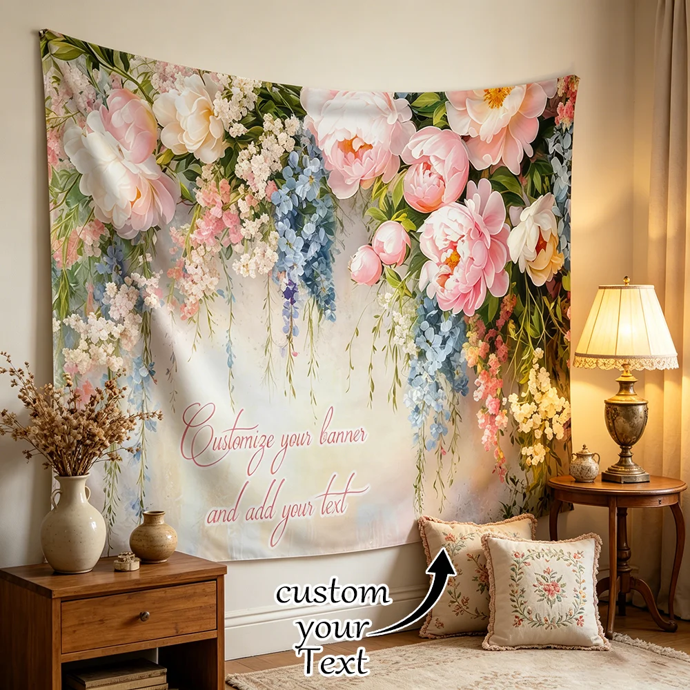 1PC Personalized Watercolor Peony Wisteria Floral Tapestry Custom Text Hanging Flower Wall Hanging Bedroom Aesthetic Decor