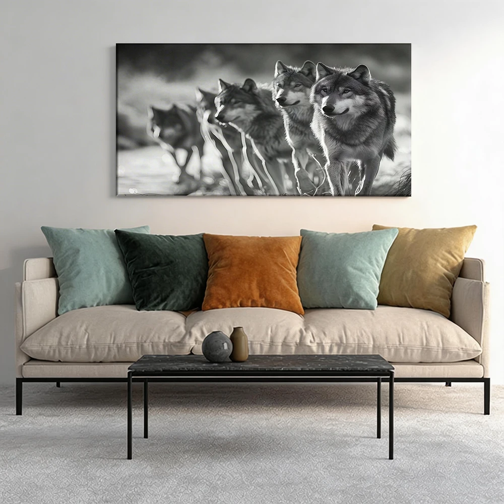 

Large-sized solid wood frame canvas painting 1pc Pack of wolves, mysterious landscape.