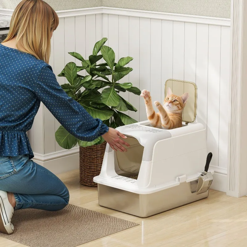 Katzenklo, geschlossener Katzentoilettenkasten aus Edelstahl, leicht zu reinigen, 60,4 x 40,4 x 41,8 cm, weiß