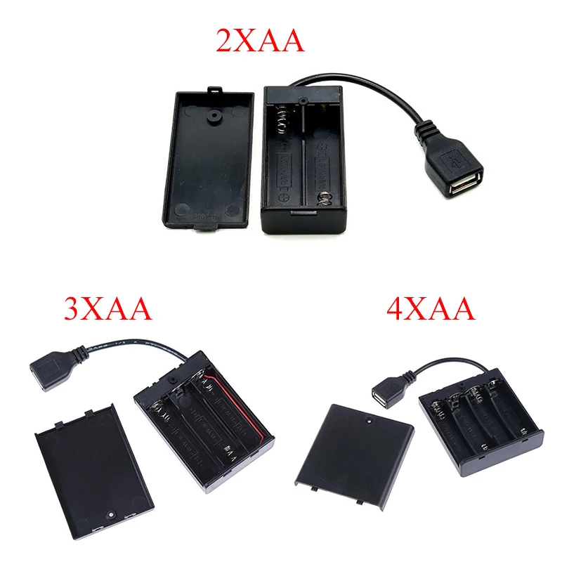 1pcs 2x 3x 4x AA USB a Female Connector Cable 4*AA Black Battery Holder Battery Case With ON/OFF Switch and Cover