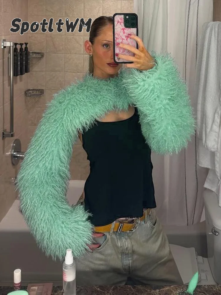 Chic Women Green Faux Fur Short Shawl Casual Solid Full Sleeves Round Collar Loose Fit Mini Tops 2026 Lady High Street Outerwear