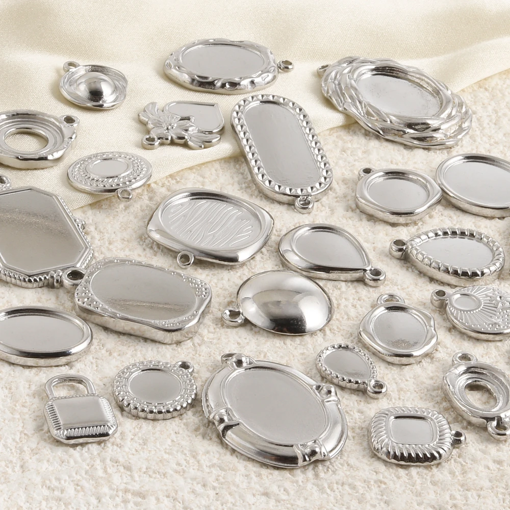 6pcs No Fade Oval Square Heart Charm Blank Tray Base Settings DIY Jewelry Making Accessories Stainless Steel Pendant Charm Bulk