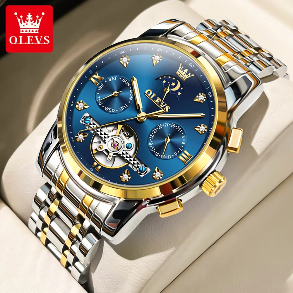 

OLEVS 6678 Luxury Moonswatch Mechanical Watch For Men Original Top Brand Waterproof Wristwatch Hollow Skeleton Auto Date Watches