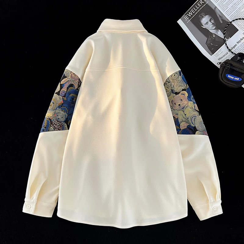 Embroidery Patchwork Bear Long Sleeve Shirt for Men Retro Loose Couple Shirt Jacket Large Size Unisex Blouses