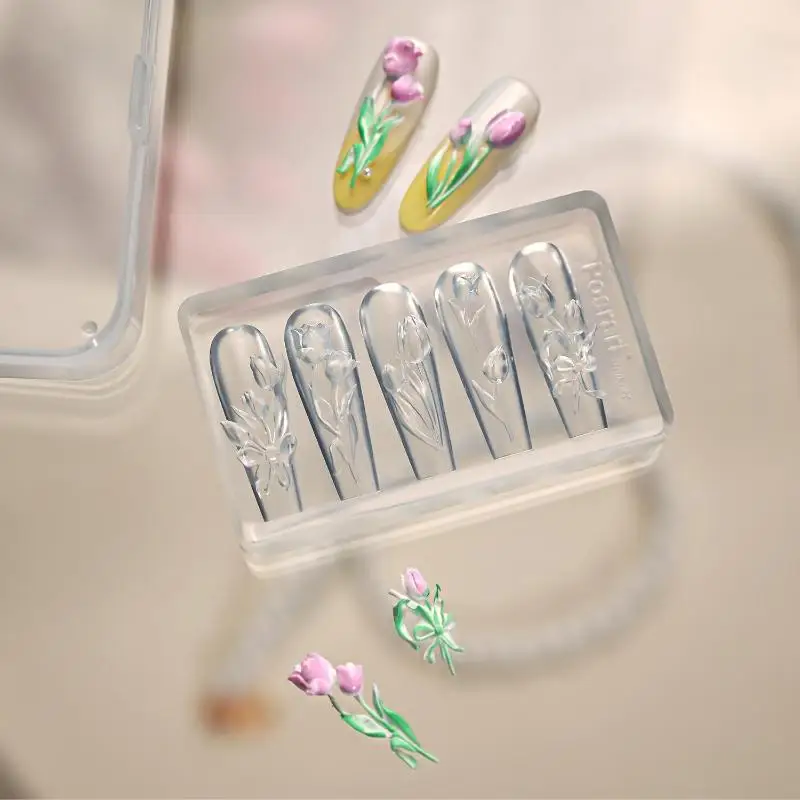 1 Stück hochtransparente 3D-Nagelkunst-Schnitzform mit Box, Schmetterlings-, Tulpen- und Lilienblumen-Vorlage für Nageldekoration – Detail 4