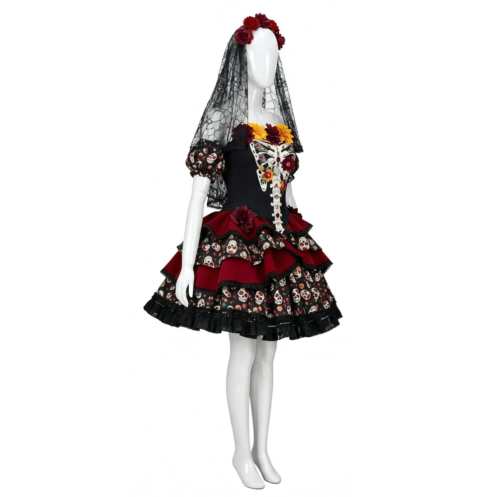 Anime Mexikanisches Todesfest Blumen-Skelett-Kleid Uniform Halloween Cosplay Kostüm Schulterfreies Blumen-Outfit mit Puffärmeln – Detail 3