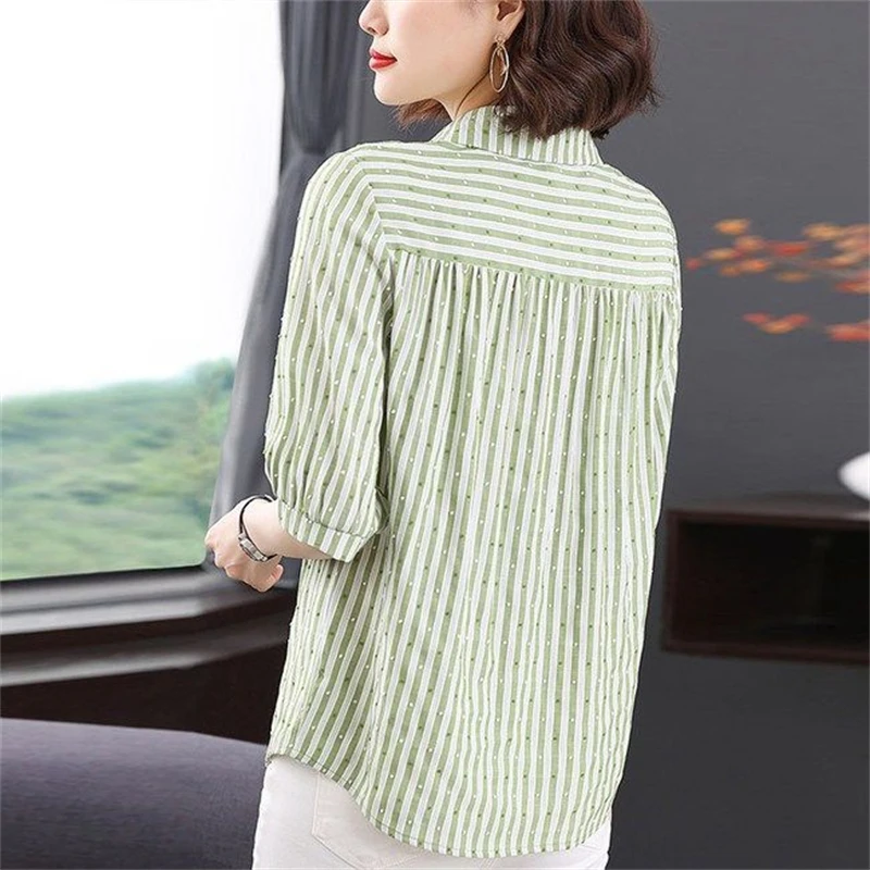 Women\'s Korean Fashion Striped Print Button Up Shirt Elegant Commute Half Sleeve Blouse Summer Casual Loose Tops Blusas De Mujer