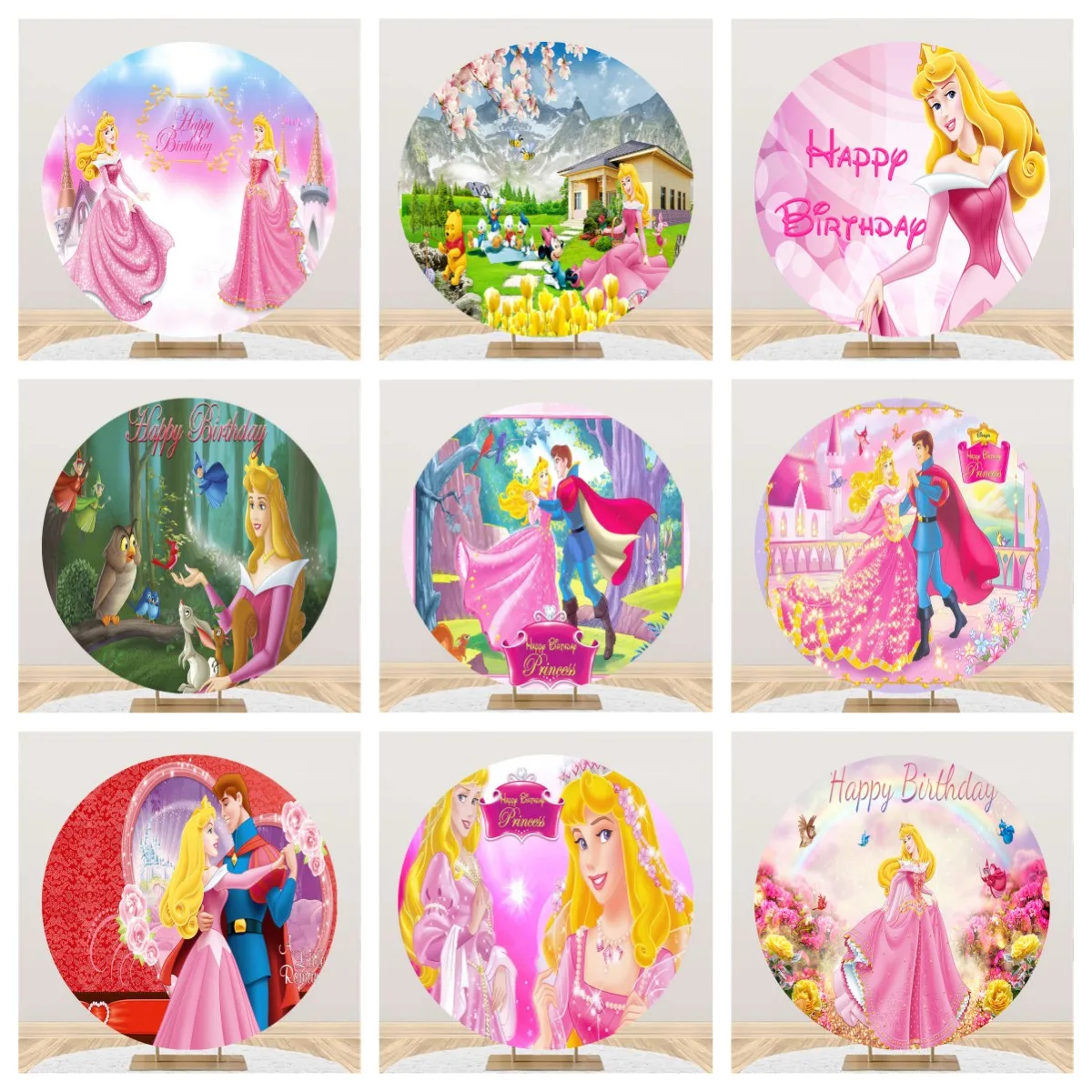 Disney Pink Sleeping Beauty Princess Aurora Cartoon Round Circle Girls Birthday Party Banner Decoration Photography Background