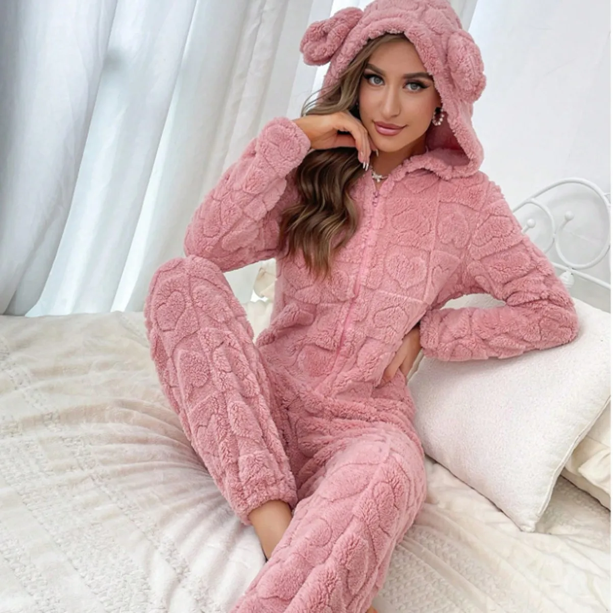 Hooded Ears Heart Pattern Long Sleeve Fleece Onesie For Women Coral Velvet Jumpsuit Loose Fit Warm Autumn Winter