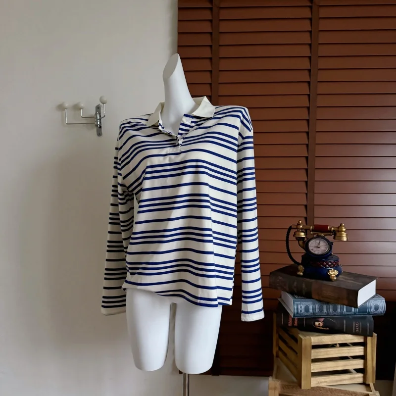 Primavera outono feminino casual gola polo manga longa listra solta t camisa senhora chique pulôver básico