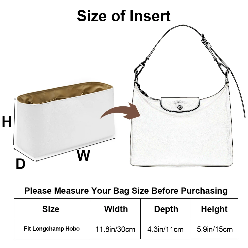 Lightweight Bag Insert Compatible with Longchamp Hobo, Waterproof Dupontpaper Surface and Silky Satin Lining