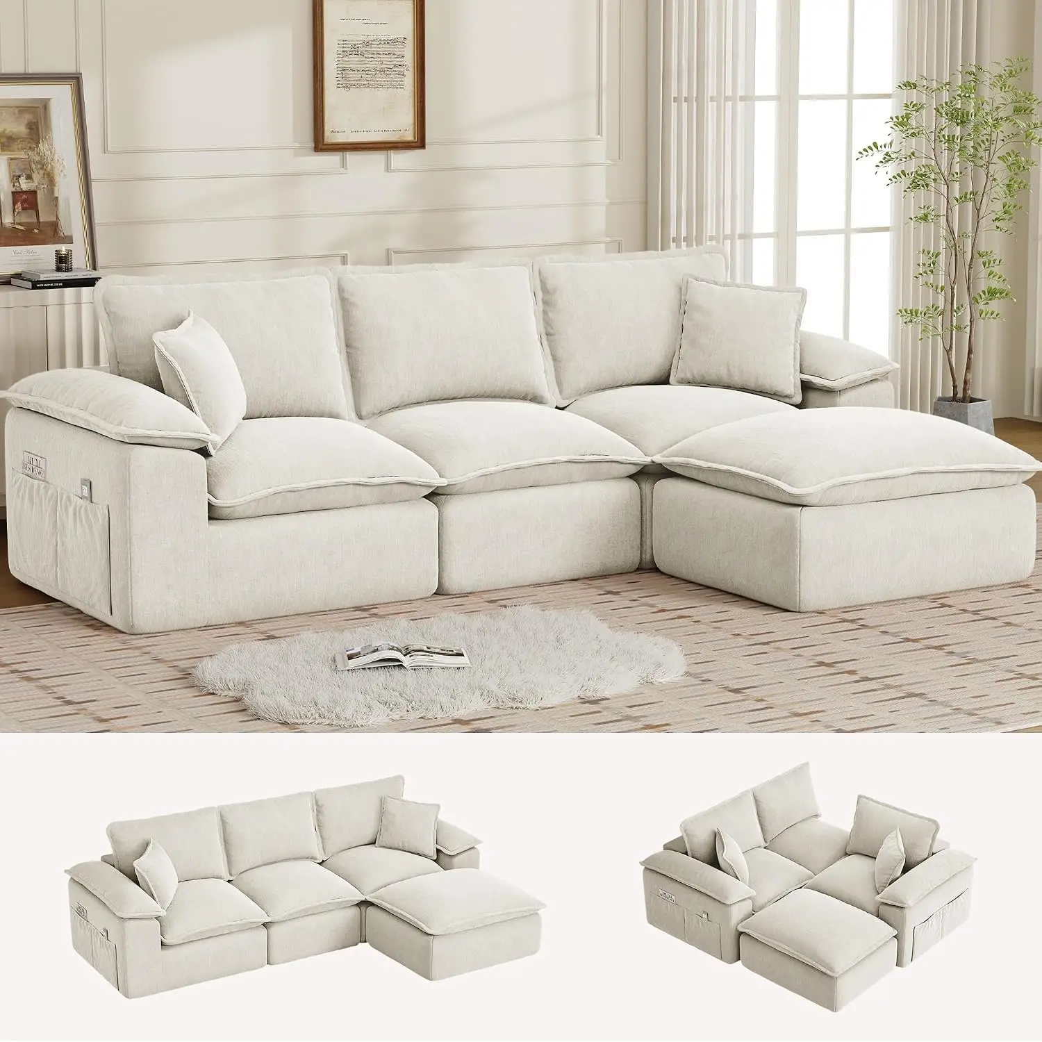 Modular Sectional Sofa Deep Seat Fluffy Cushion Convertible Ottoman Cloud Comfort No Assembly 108