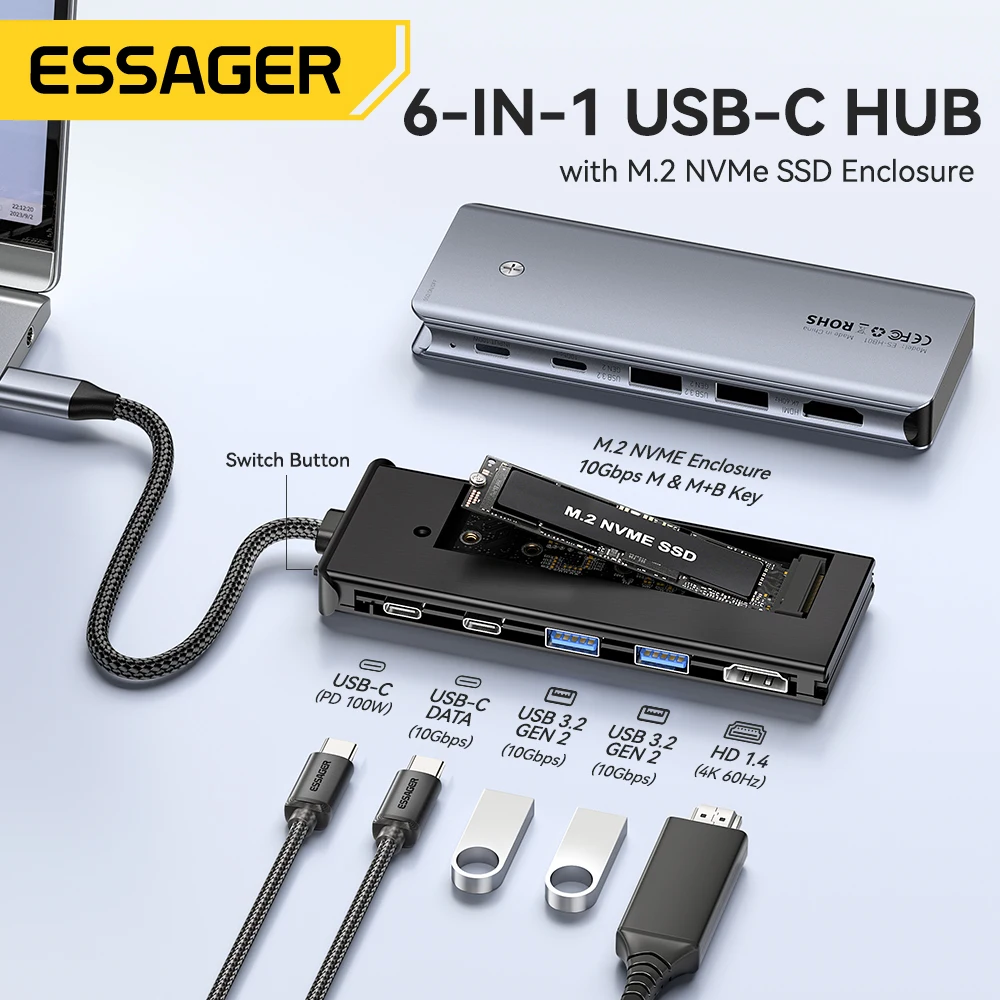 Essager 6-IN-1 USB C  HUB USB C Docking Station With Hard Disk Enclosure M.2 NVMe SSD Type-C to HDMI-Compatible For  Macbook Pro