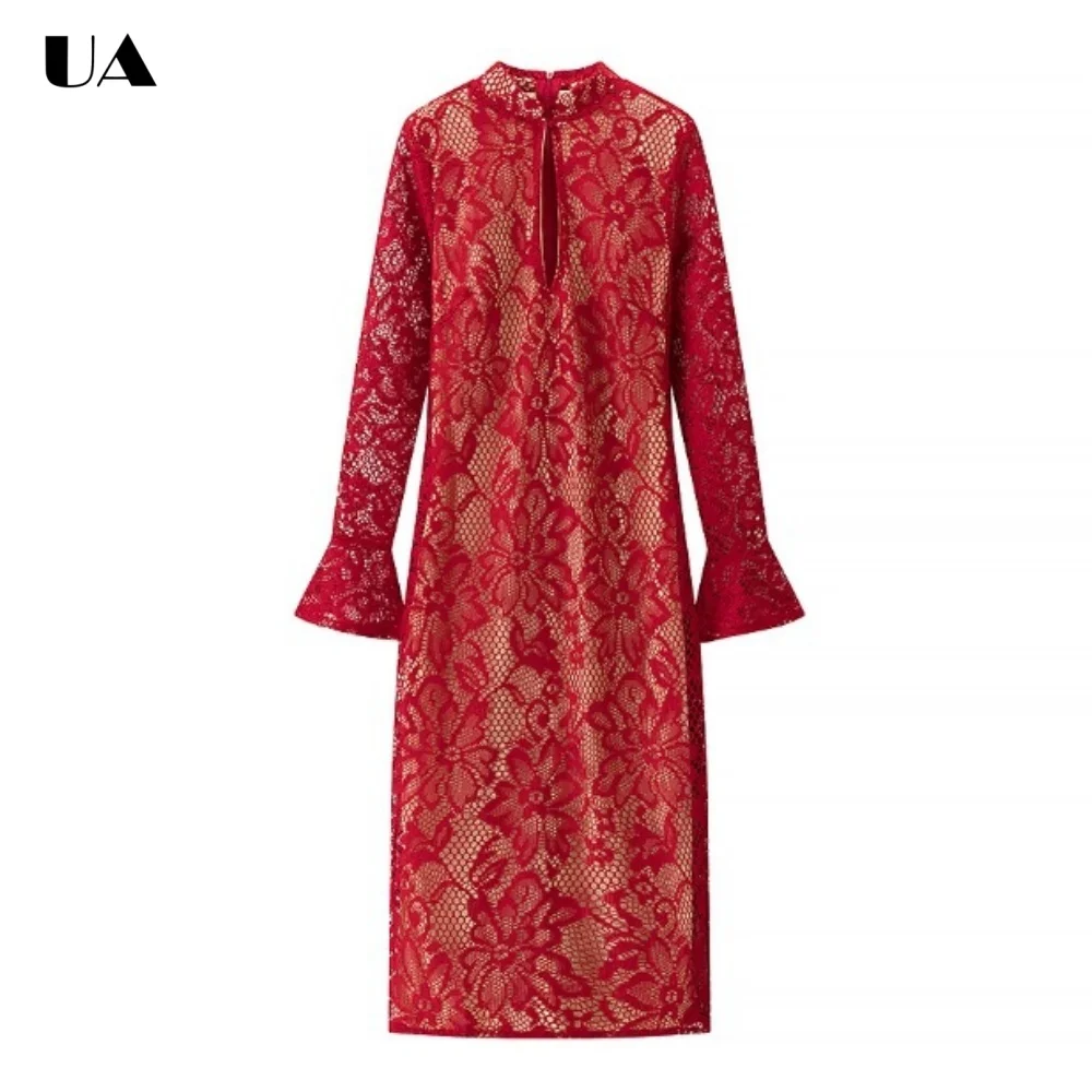 

Sexy Sheath Lace Long Sleeve Midi Dress with Flare Cuff, Fashionable Half High Neck Long Dresses for Women, Elegant Solid Dress