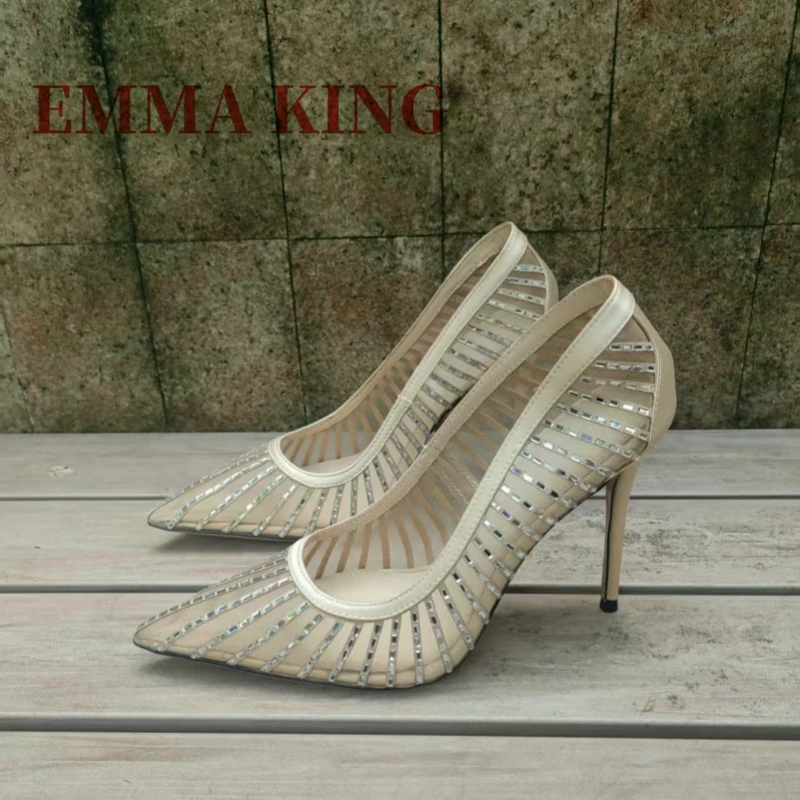 شبكة سوداء مدبب تو مضخات خنجر الكعوب كريستال الانزلاق على مضخات المرأة أحذية مثيرة نمط جديد الصيف أحذية مصممين غير رسمية للحفلات