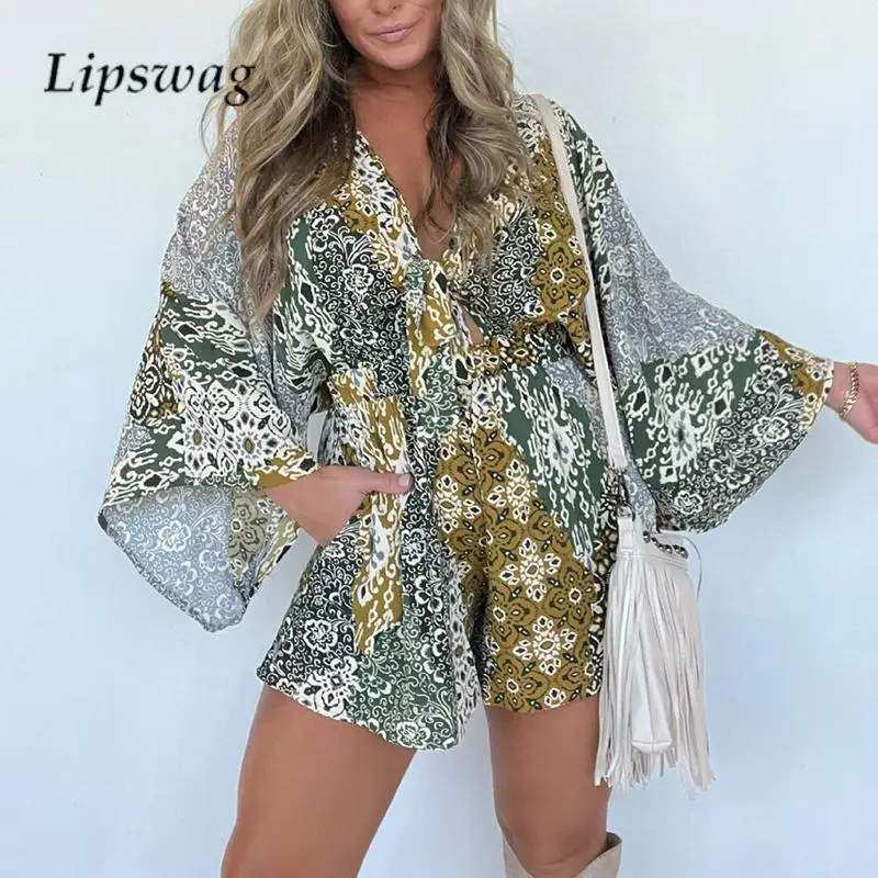 

Summer V Neck Bat Sleeve Shorts Playsuit Vintage Ethnic Style Print Ladies Jumpsuit Casual Women High Waist Lace-up Loose Romper