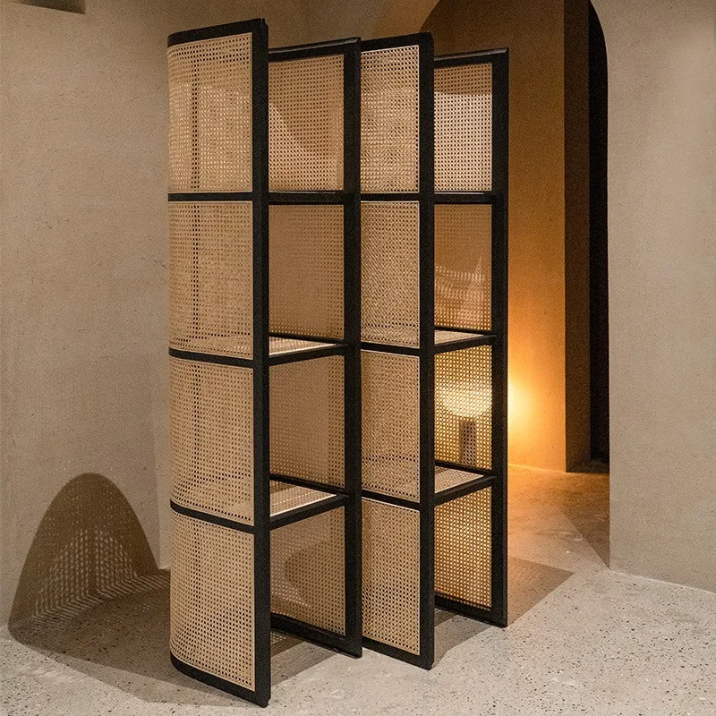 Black rattan rack small apartment living room multi-layer floor book household corner cabinet solid wood display stand
