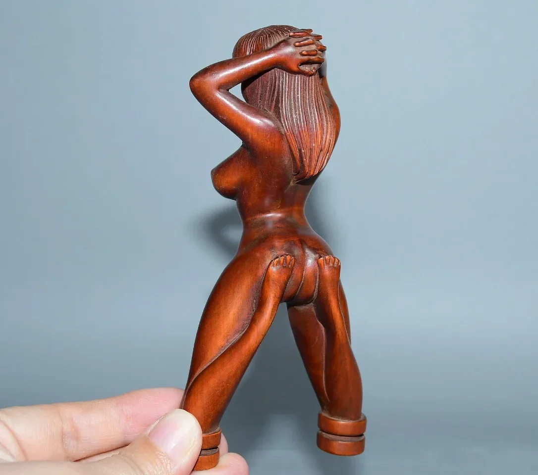 

5"Xizang Folk Old Boxwood Beauty Statue Handheld Item Slingshot Childhood Fun Amass wealth Ornaments