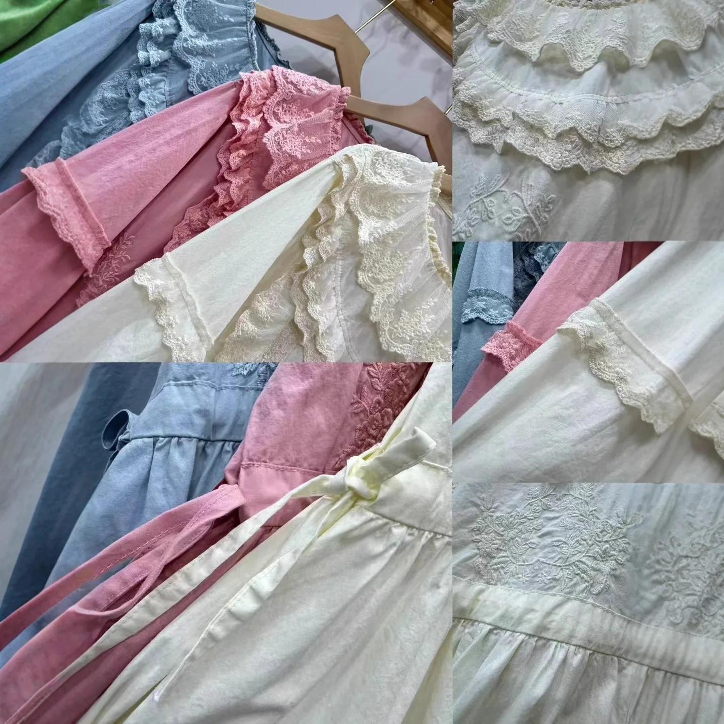 [Stock prêt] haute qualité femmes 100% coton Blouse chemise à manches longues robe couleur unie doux dentelle robes en dentelle