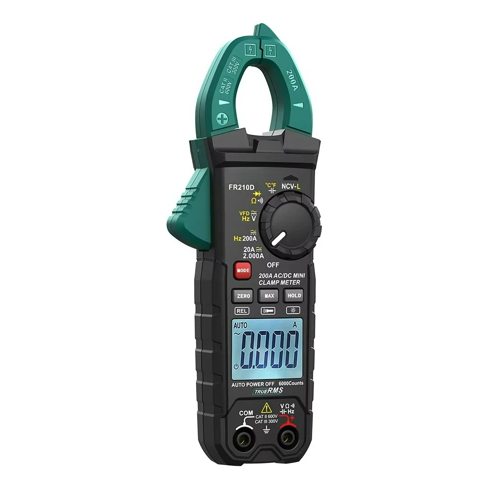 FR210D Digital Clamp Meter 4000 Counting True RMS AC/DC 200A Ohm Low Z NCV Multimeter with Resistance and Diode Measurement