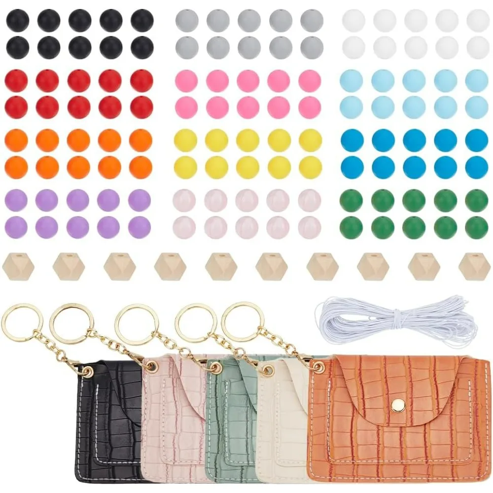 

Silicone Beads for Keychain Making Kit 130pcs 13 Colors Beads with 5 PU Leather Card Holders 15/16mm Rubber Beads Se