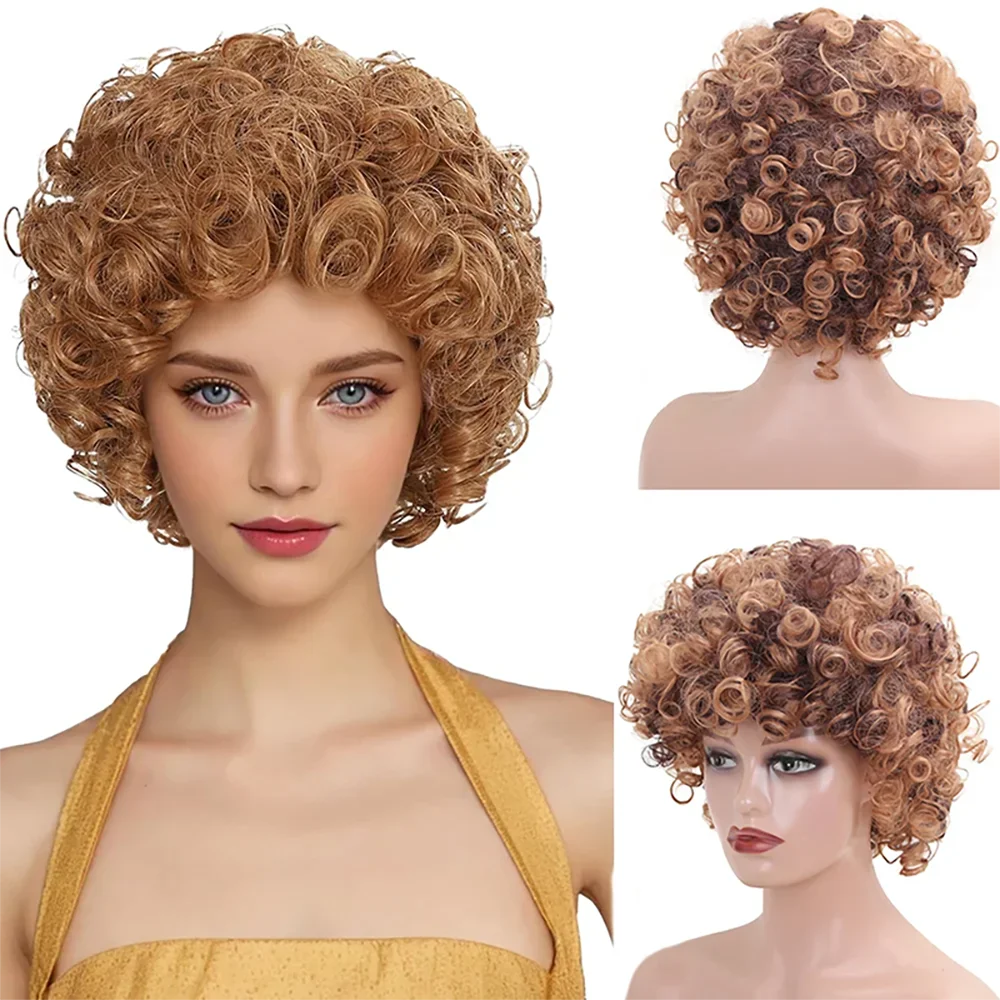 شعر صناعي مجعد قصير 8 بوصة من روبرتس باللون البني مع نسيج طبيعي ورقيق مناسب للشعر المستعار اليومي للنساء