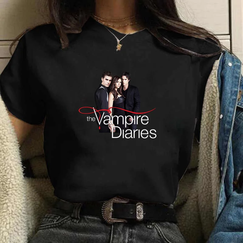 Camiseta gráfica feminina de Vampire Diaries, 100% algodão, Harajuku, Fãs engraçados, Streetwear feminino, senhoras, verão