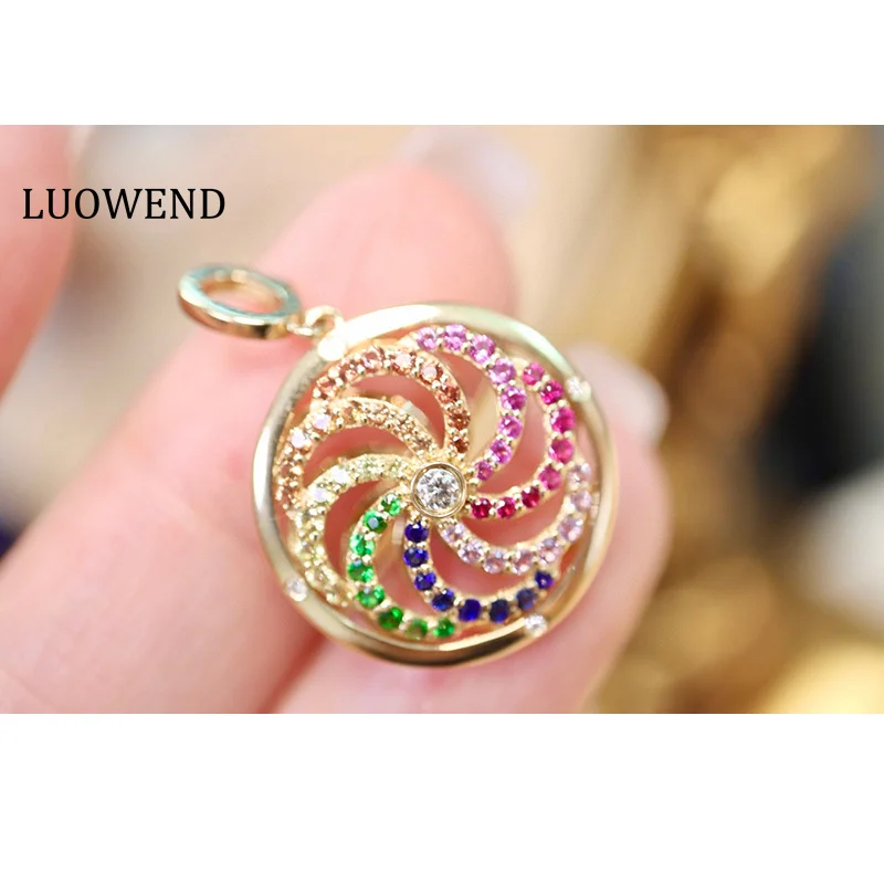 LUOWEND 100% 18K Yellow Gold Necklace Women Elegant Rainbow Design Shiny Diamond Natural Colors Aquamarine Pendant Necklace