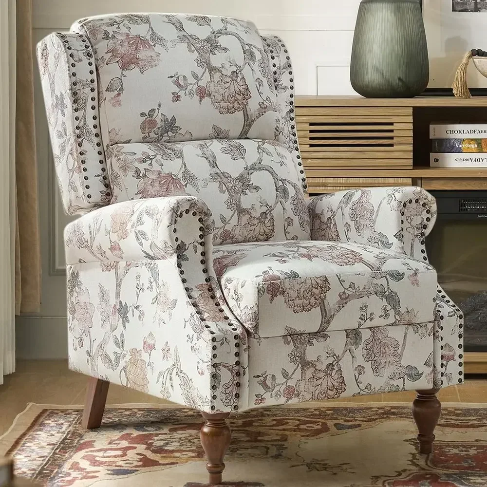 Upholstered Wingback Recliner Chair with Wood Legs and Rivet Details for Living Room or Bedroom, Navy Blue