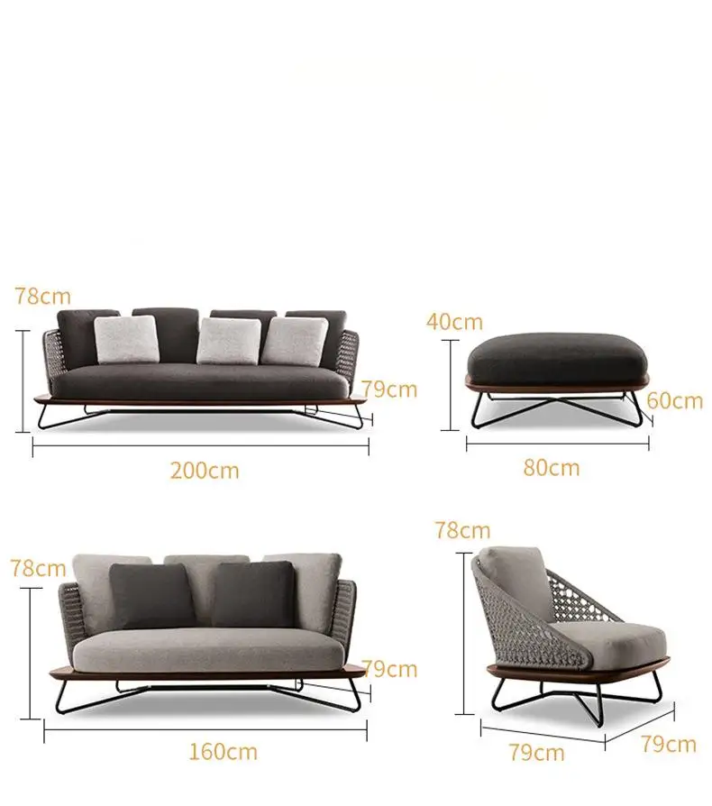 Nordic Sofa zewnętrzna Dziedziniec Sofa z drewna tekowego, pojedyncza sofa, podwójna sofa z podwójnym siedziskiem, zestaw patio z stolikiem kawowym