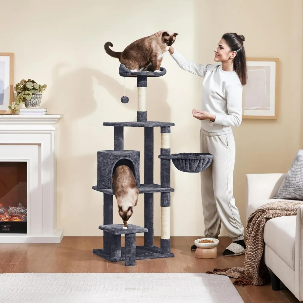 57in Multi-Level Cat Tree Tower with Extended Platform, Padded Perch, Scratching Posts & Ball for Large Cats