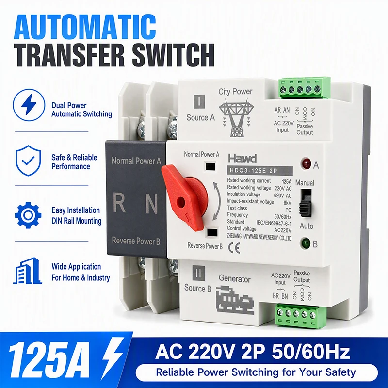 Interruptor Selector Eléctrico de Transferencia Automática de Doble Potencia, Monofásico, para Riel DIN, 2P 125A AC 220V, Mini ATS, Alimentación Ininterrumpida