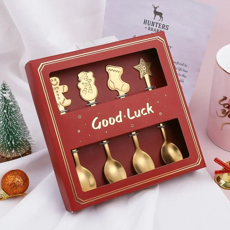 

2PCS Christmas Gift Decoration Dessert Spoons Snowman Christmas Stocking Cutlery Spoon Christmas Gift Box Gingerbread Spoon